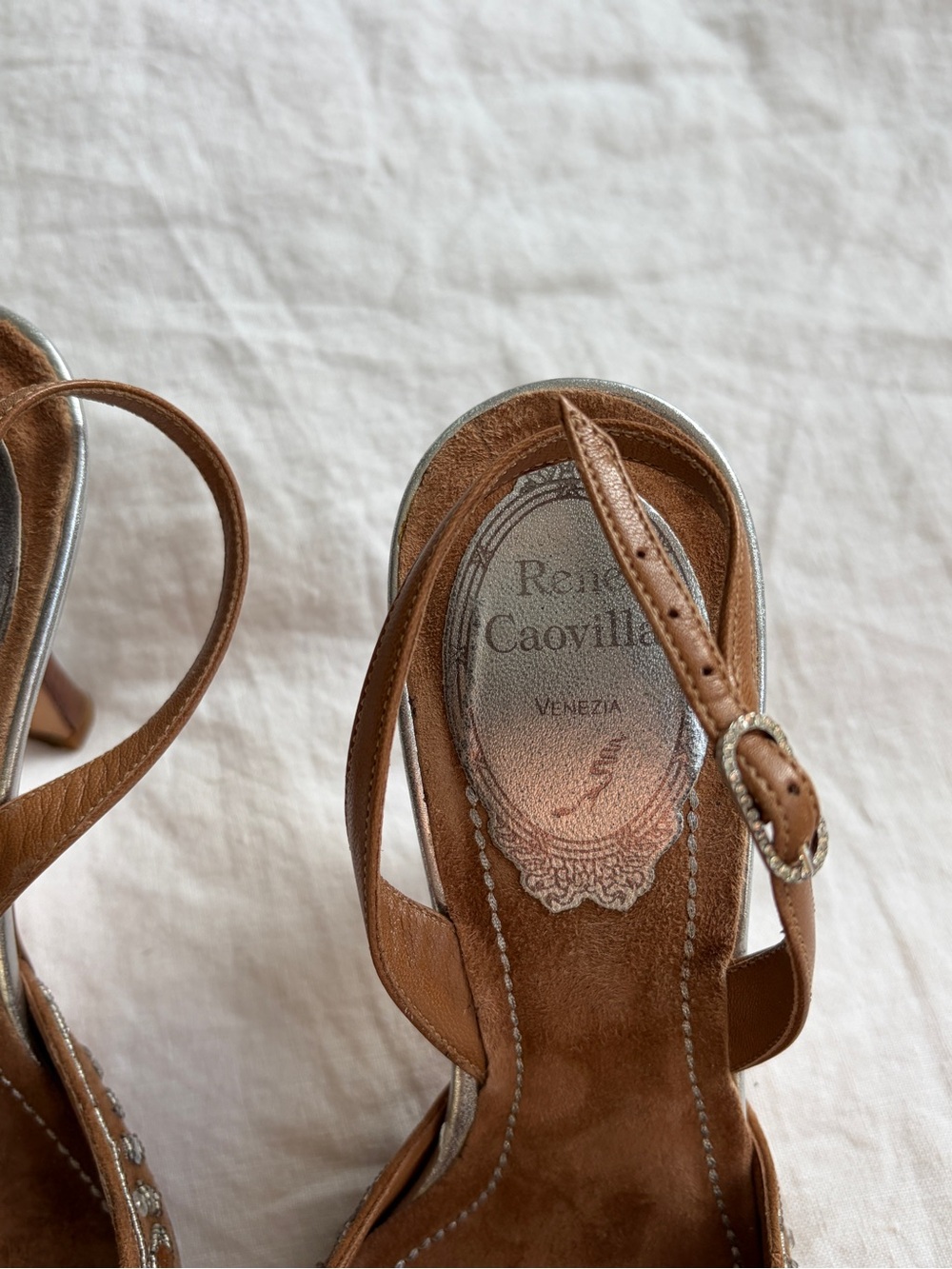 Vintage Rene Caovilla Crystal Rhinestone Suede Pointy Toe Heels Tan Silver - Picture 7 of 11